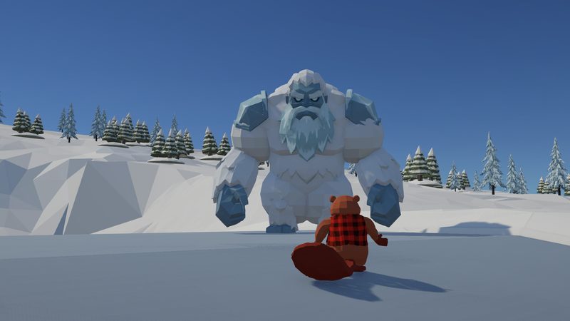 The Yeti boss towers over a beaver lumberjack in a snowy arena ringed by pines