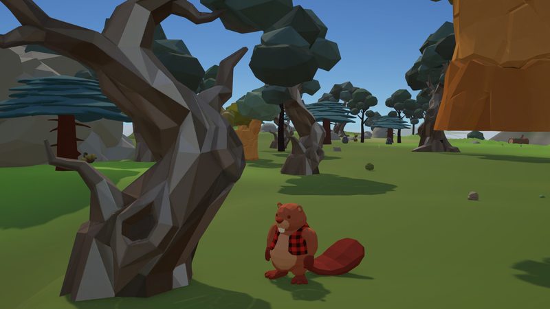A beaver lumberjack in a forest clearing beside a twisted grey tree, with dark-leaved trees behind