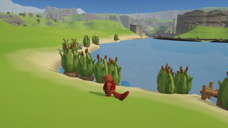 A beaver lumberjack on a grassy shore looking at reeds and calm lake water