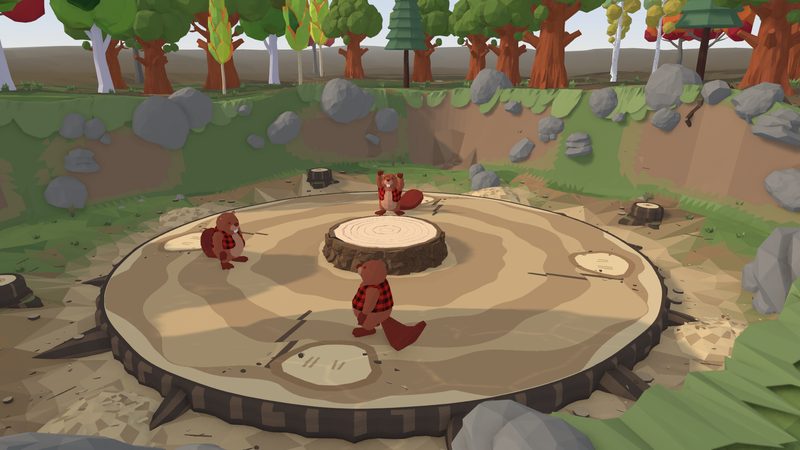 Mirror Gnaw mini-game: three beaver lumberjacks on a huge tree-ring platform around a raised central stump, in a forest clearing ringed by rocks