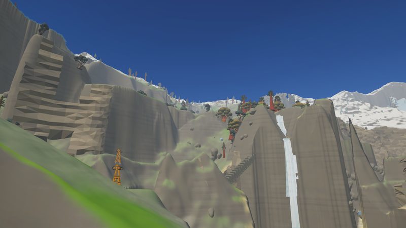 The mountain ridge: layered rock cliffs, a waterfall, an orange cable-car pylon and snowy peaks