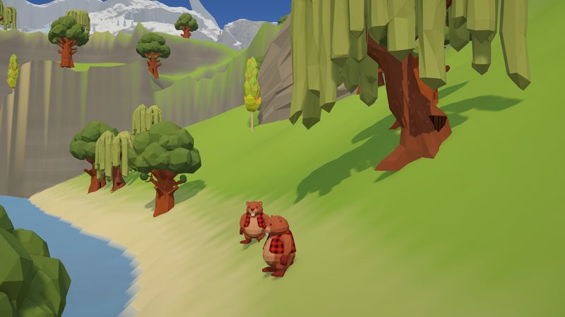 Two beaver lumberjacks on a grassy riverbank under a large willow, with cliffs and trees behind