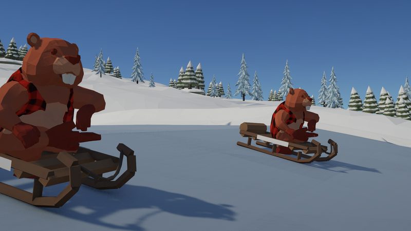 Sled Race mini-game: two beaver lumberjacks on wooden sleds on a snowy track, with snow-covered pines behind