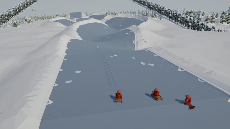 The Sled Race track from above: three beaver lumberjacks at the start of a winding snowy course