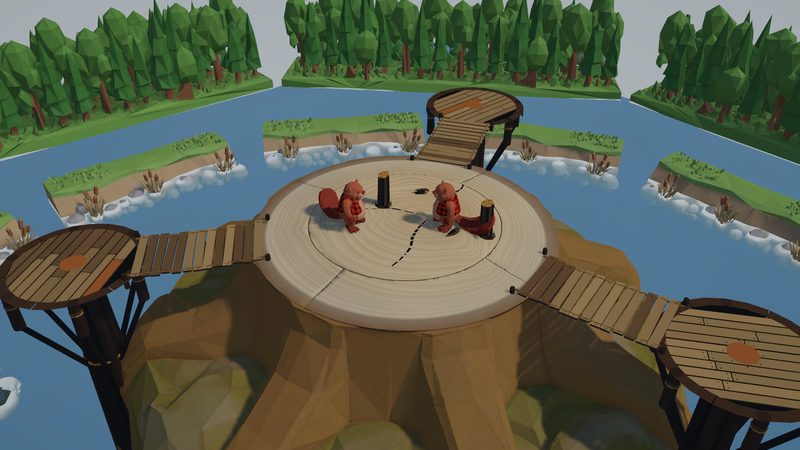 Tail Battle mini-game: two beaver lumberjacks on a huge tree-stump platform in the water, linked by rope bridges to three smaller wooden platforms